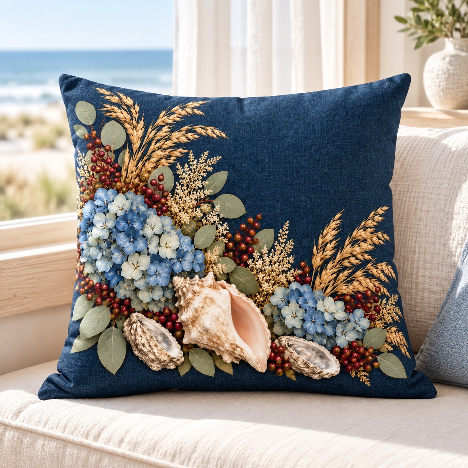 Navy autumn shells and oysters pillow cover on a coastal window bench