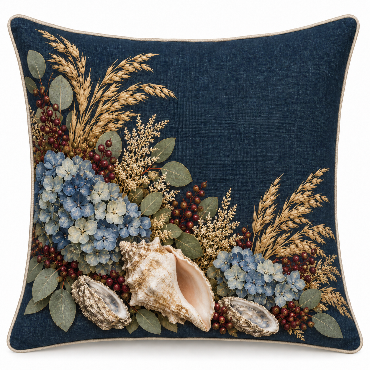 Autumn shells and oysters printed coastal pillow cover mockup