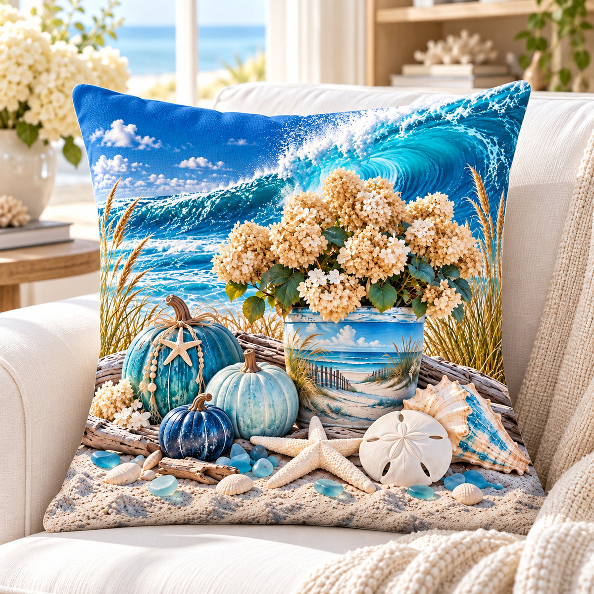 Blue Pumpkin Hydrangea printed coastal pillow cover featuring hydrangeas in a beach-scene pot, blue pumpkins, seashells and wave, styled in a bright coastal home
