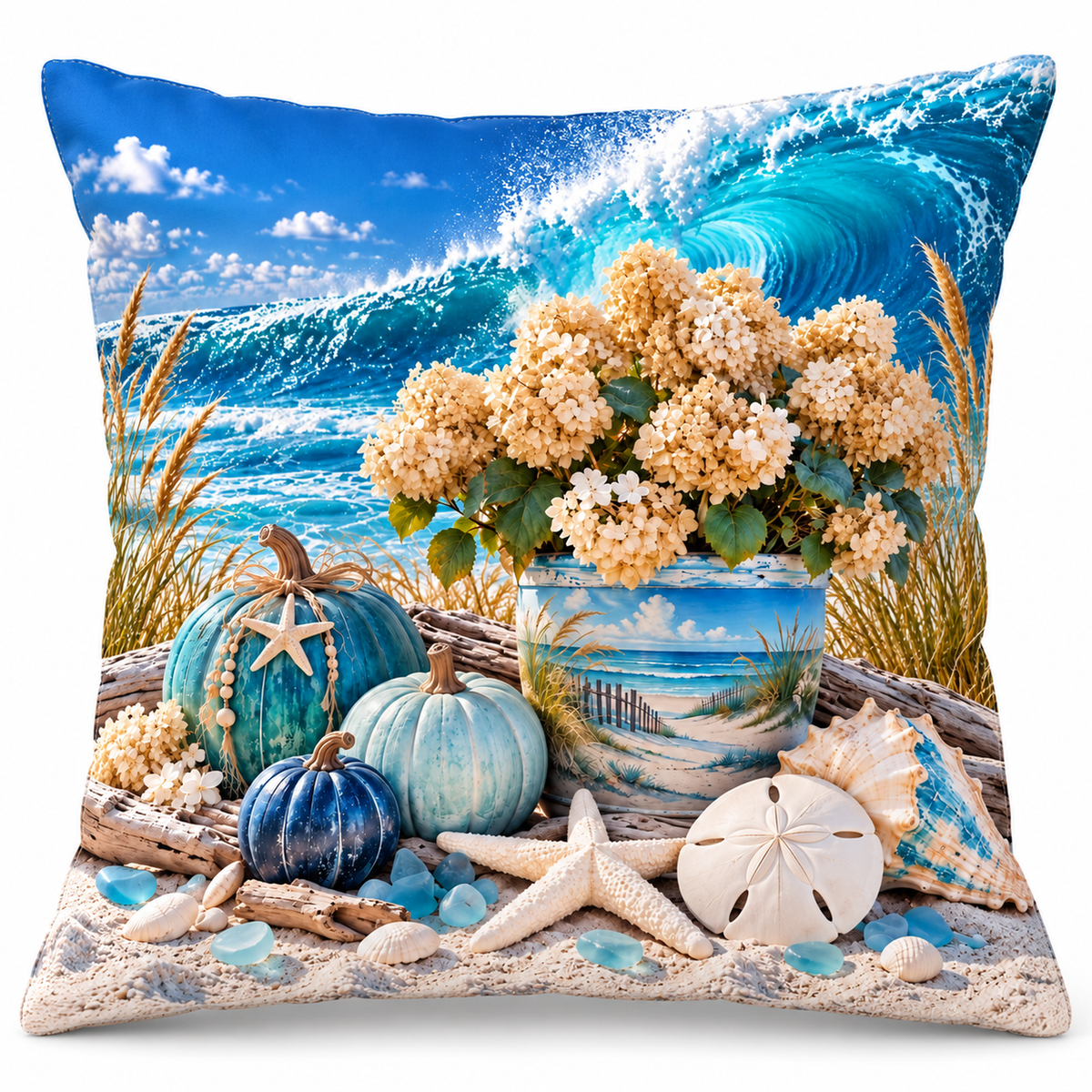 Blue Pumpkin Hydrangea printed coastal pillow cover featuring hydrangeas in a beach-scene pot, blue pumpkins, seashells and wave, on a white background