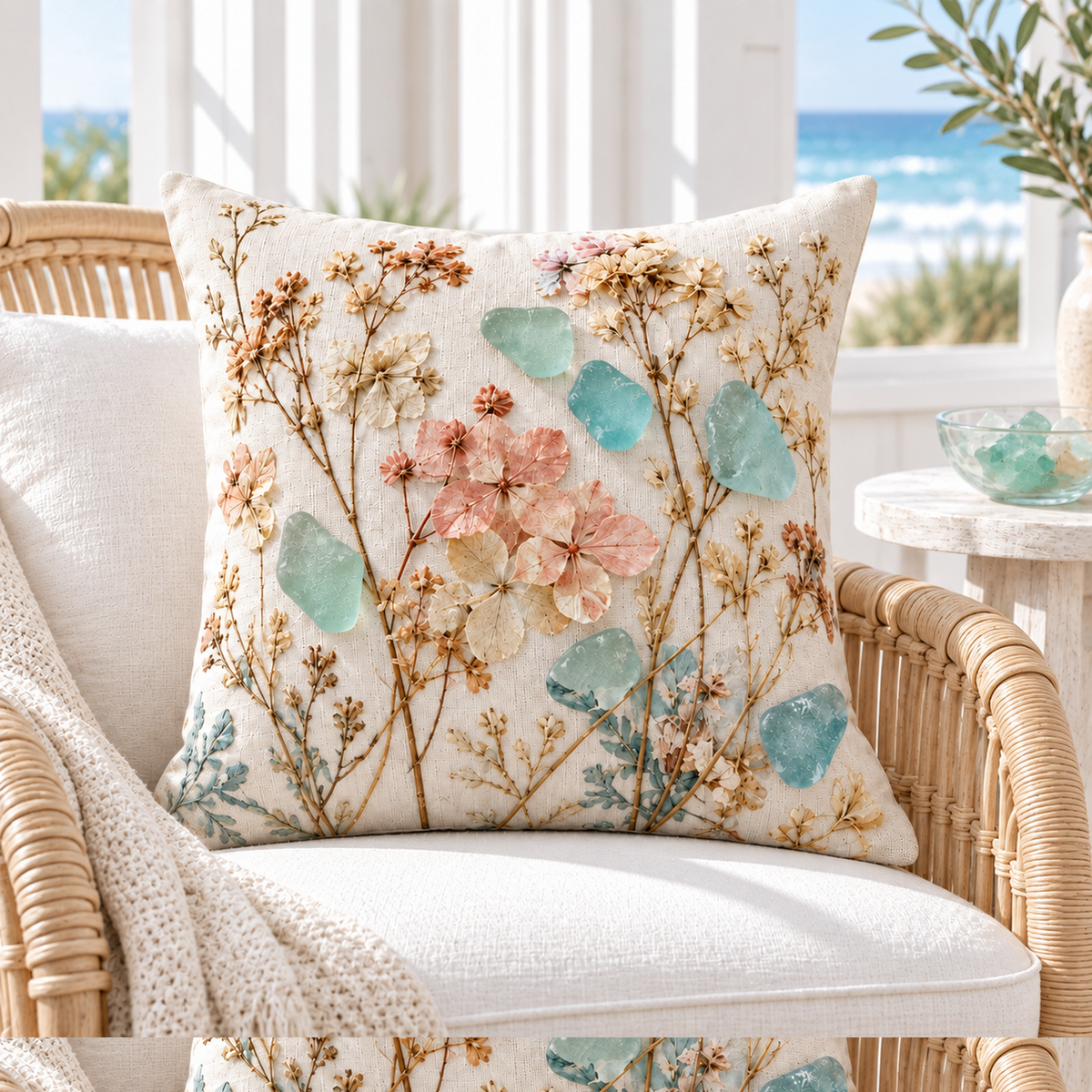 Botanical Sea Glass pillow cover styled in a bright coastal rattan reading chair