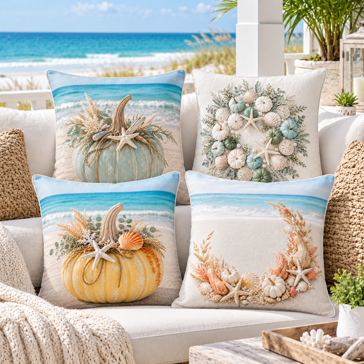 Four coastal fall pillow covers with yellow, mint, coral and sage designs on a bright beach house sofa