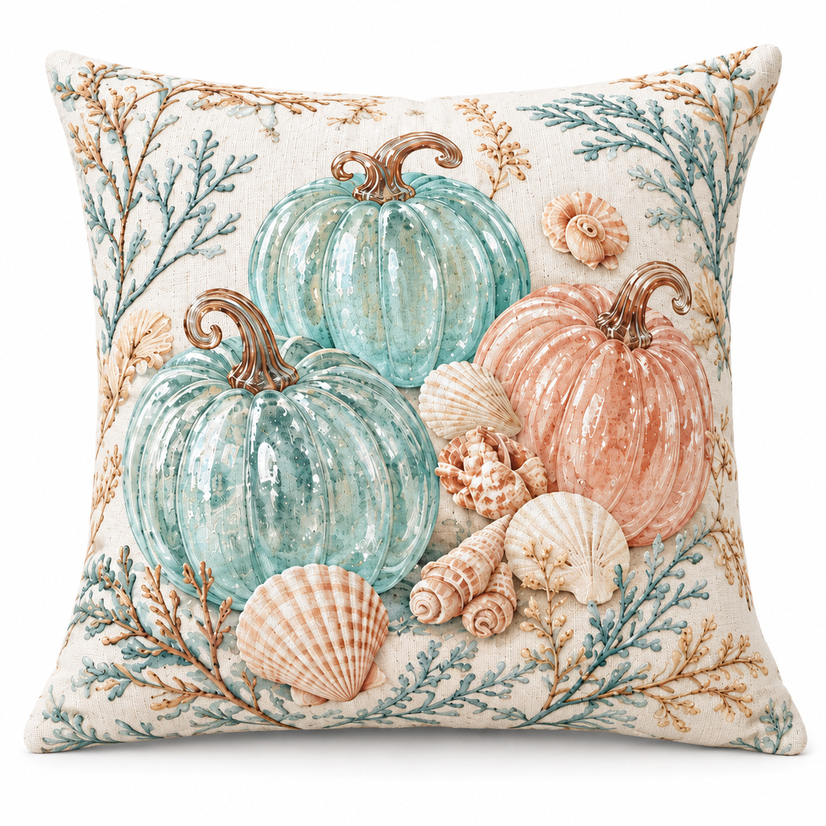 Aqua and blush glass pumpkins coastal pillow cover on a clean white background