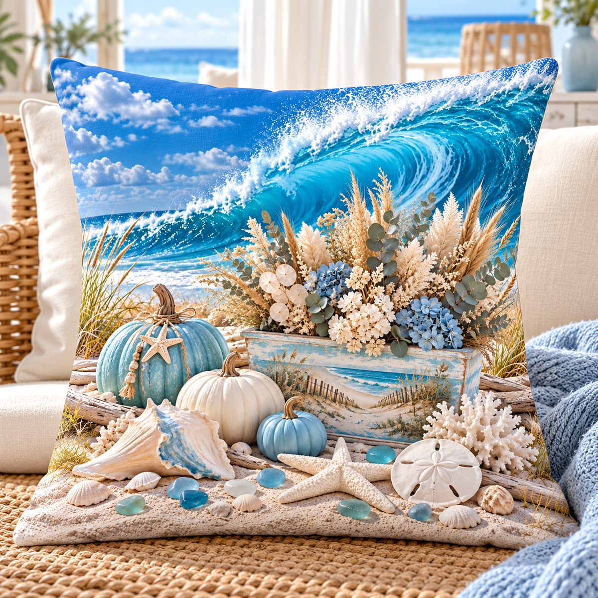 Coastal Harvest Flower Box printed coastal pillow cover featuring coastal flower box, aqua and white pumpkins, shells and ocean wave, styled in a bright coastal home