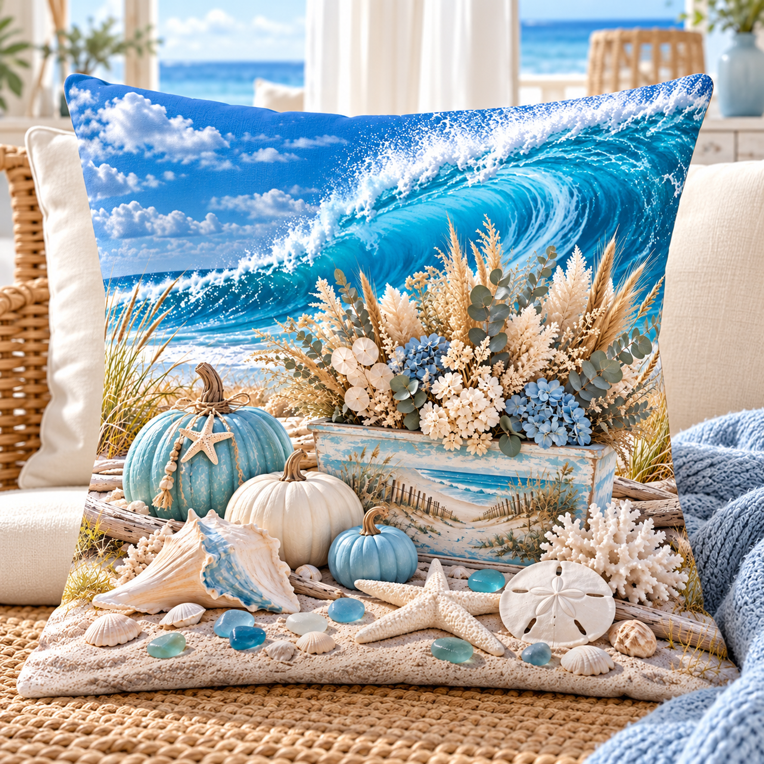 Coastal Harvest Flower Box printed coastal pillow cover featuring coastal flower box, aqua and white pumpkins, shells and ocean wave, styled in a bright coastal home