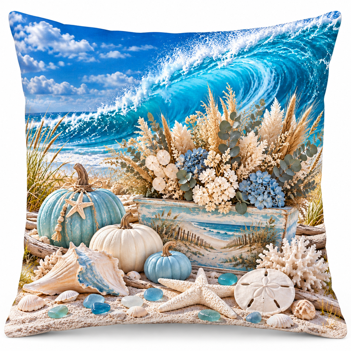 Coastal Harvest Flower Box printed coastal pillow cover featuring coastal flower box, aqua and white pumpkins, shells and ocean wave, on a white background