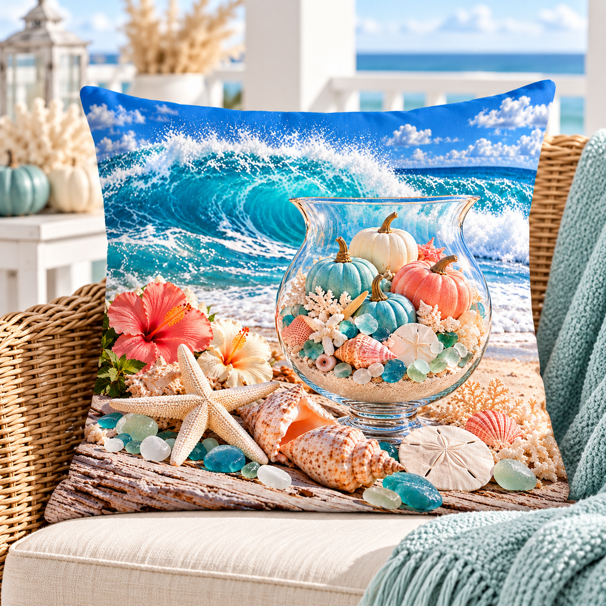 Coastal Pumpkin Glass Vase printed coastal pillow cover featuring glass vase filled with coastal pumpkins, shells and sea glass, styled in a bright coastal home