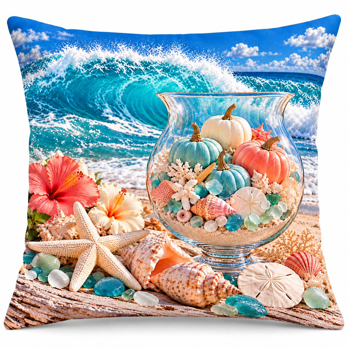 Coastal Pumpkin Glass Vase printed coastal pillow cover featuring glass vase filled with coastal pumpkins, shells and sea glass, on a white background