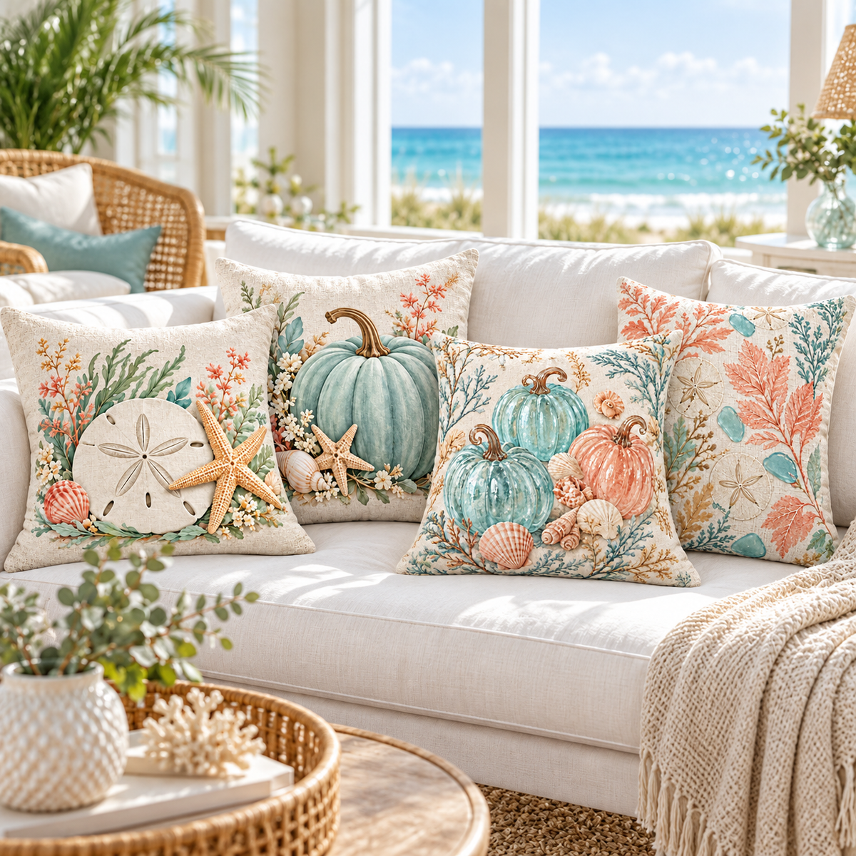 Four Coastal Pumpkin and Sea Life pillow covers styled together in a bright coastal living room