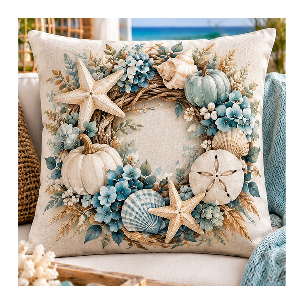 Aqua blue coastal fall wreath pillow cover design