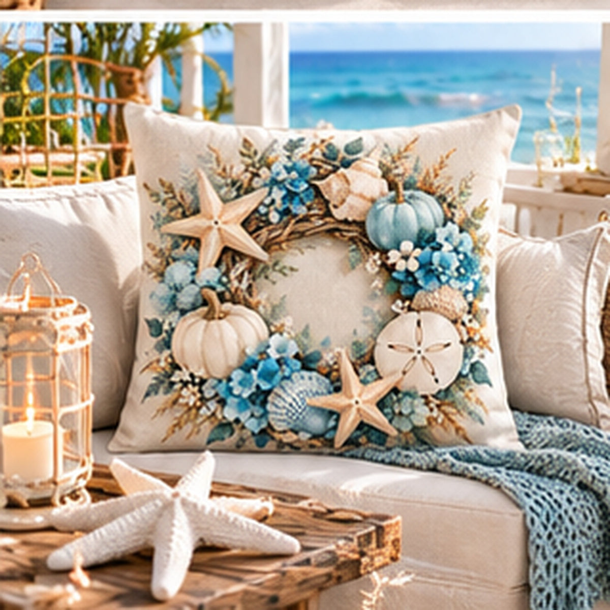 Aqua blue coastal wreath pillow cover styled in a bright beach house