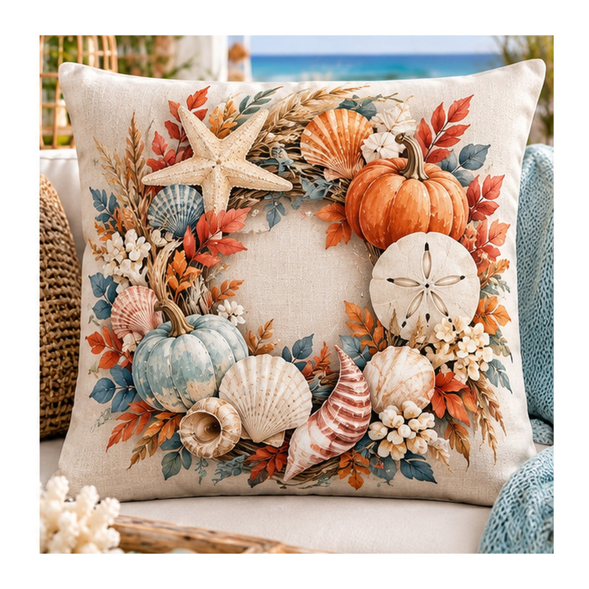 Coral harvest coastal wreath pillow cover design