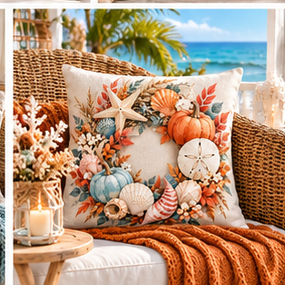 Coral harvest coastal wreath pillow cover styled in a bright beach house
