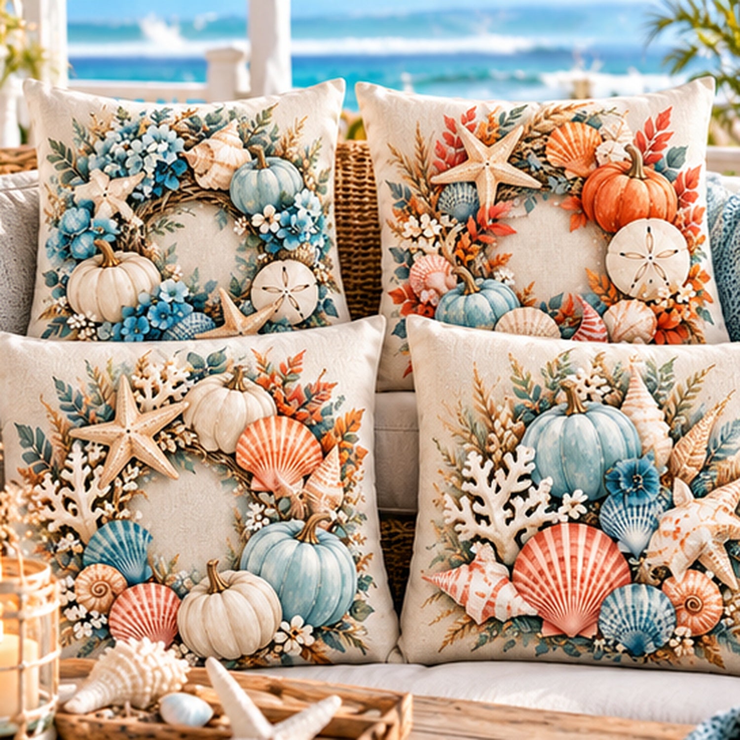 Four Coastal Wreath pillow cover designs styled together in a bright coastal room