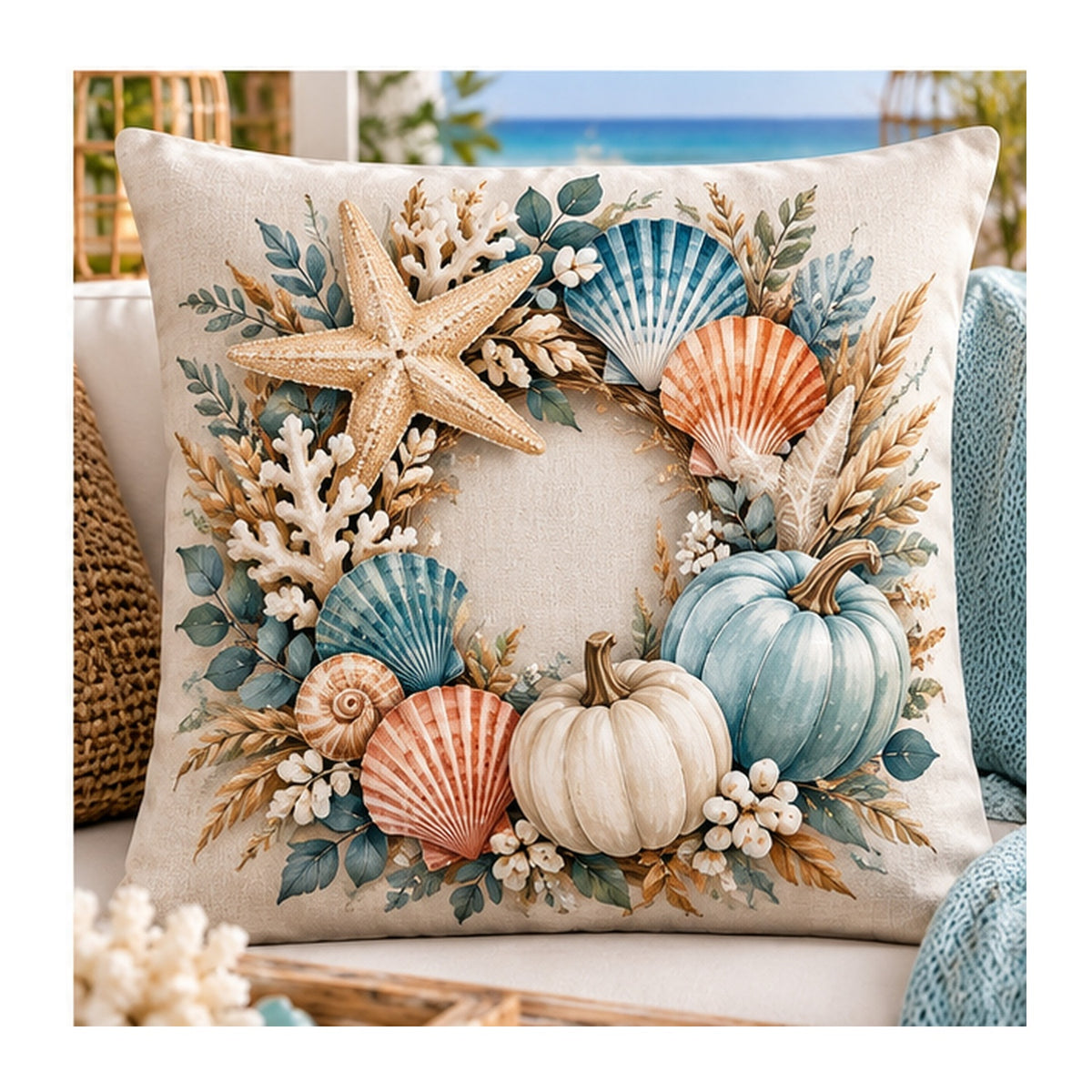 Shell and pumpkin coastal fall wreath pillow cover design