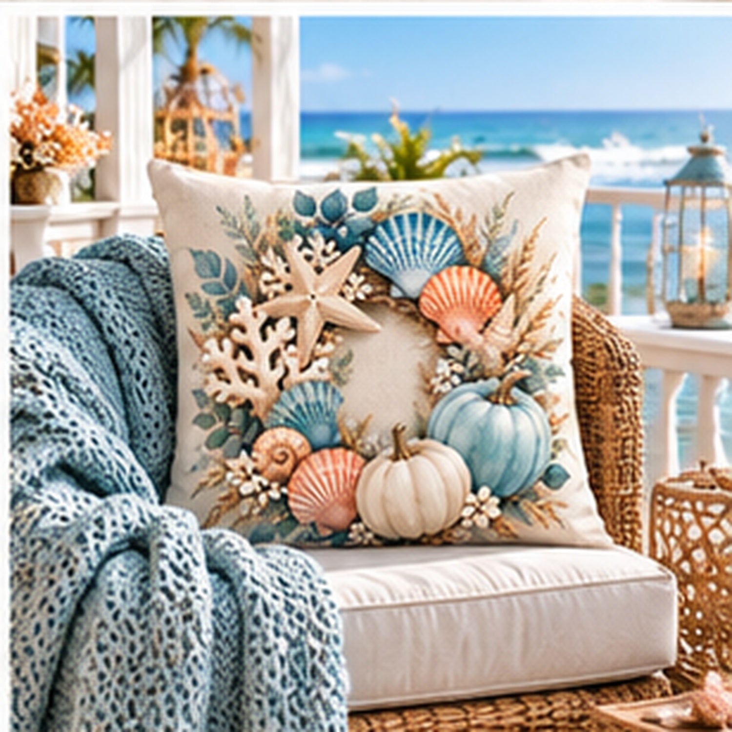Shell and pumpkin coastal wreath pillow cover styled in a bright beach house