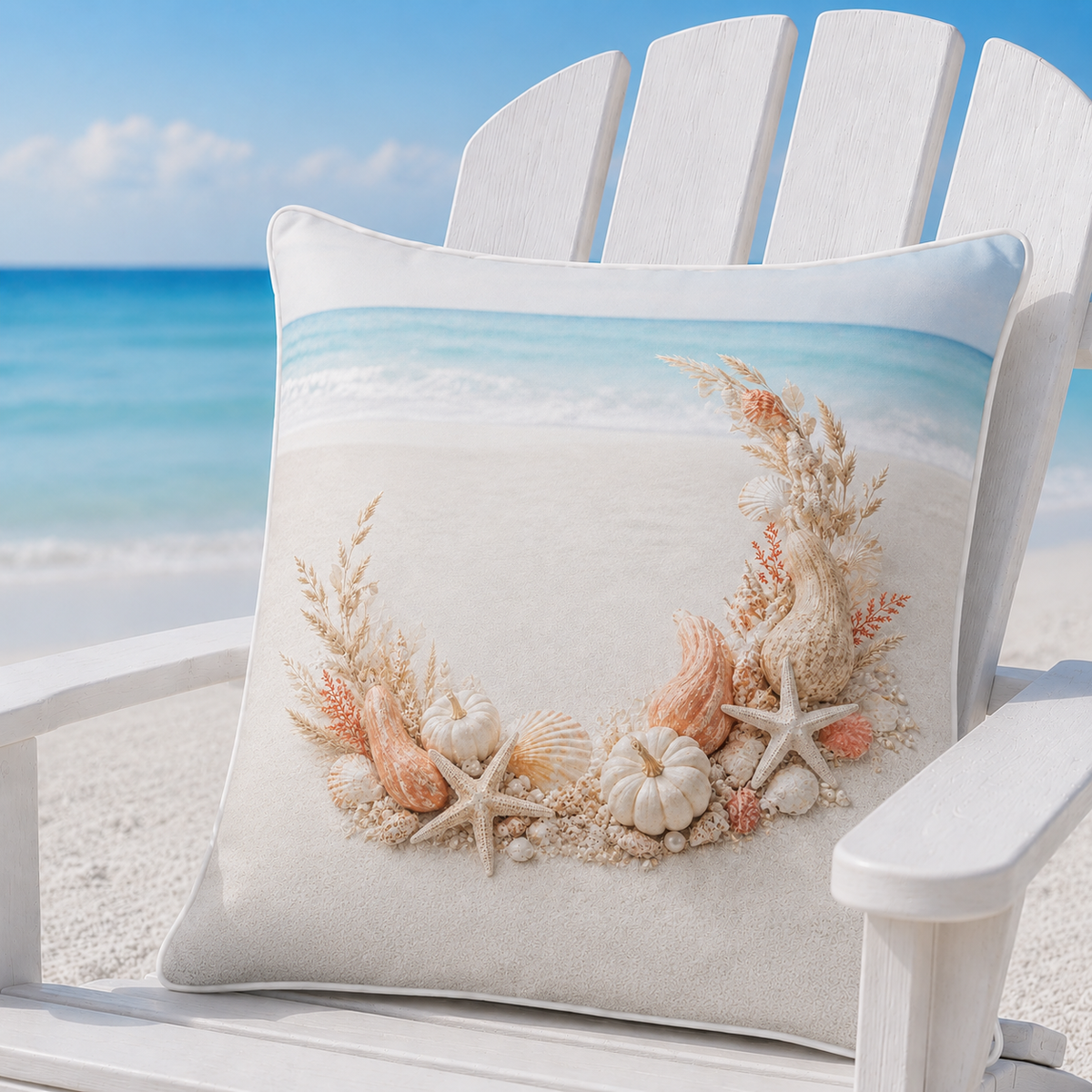 Coral Crescent pillow cover styled on a white Adirondack chair at the beach