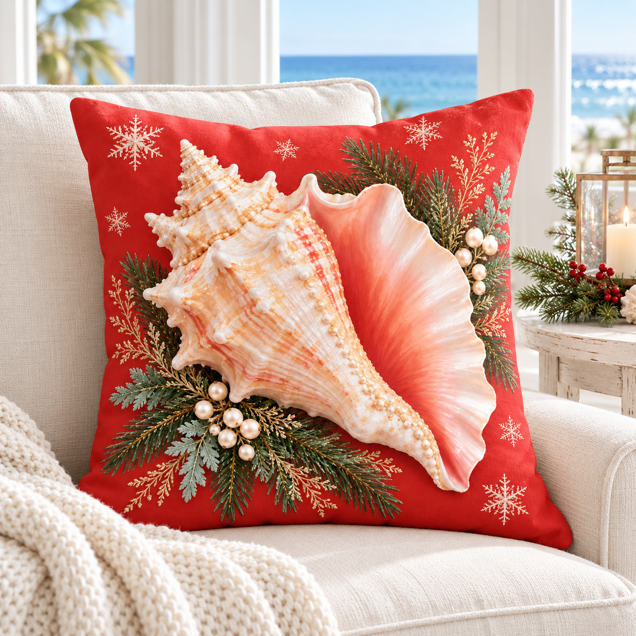 Coral-red Christmas conch shell pillow cover with evergreen and snowflakes styled in a coastal Christmas room