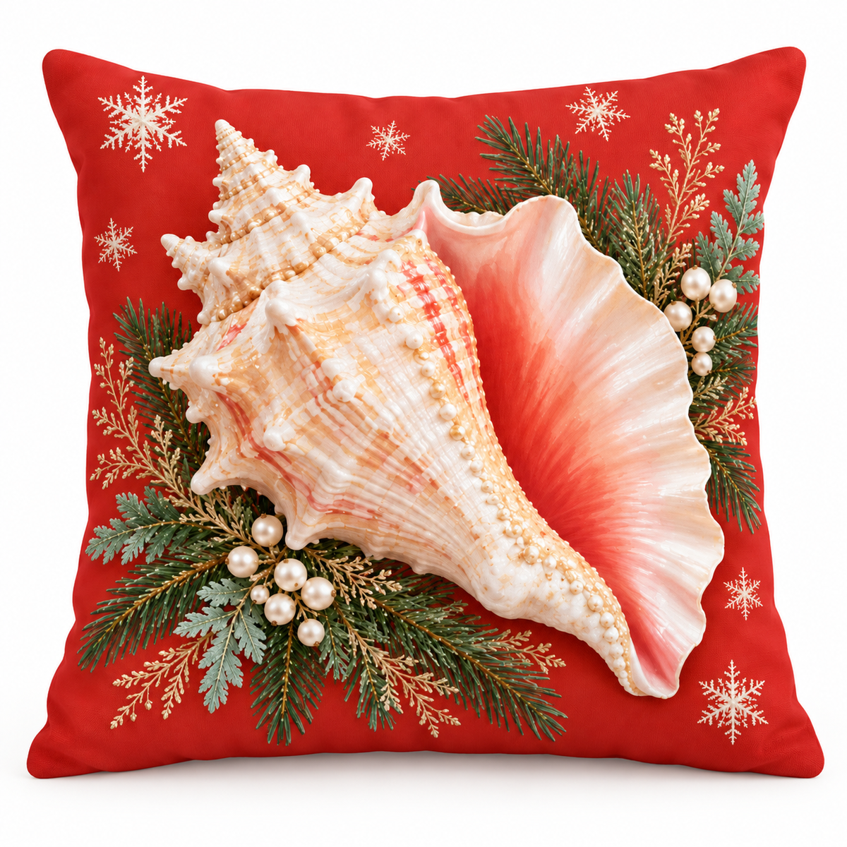 Coral-red Christmas conch shell pillow cover with evergreen and snowflakes on a white background