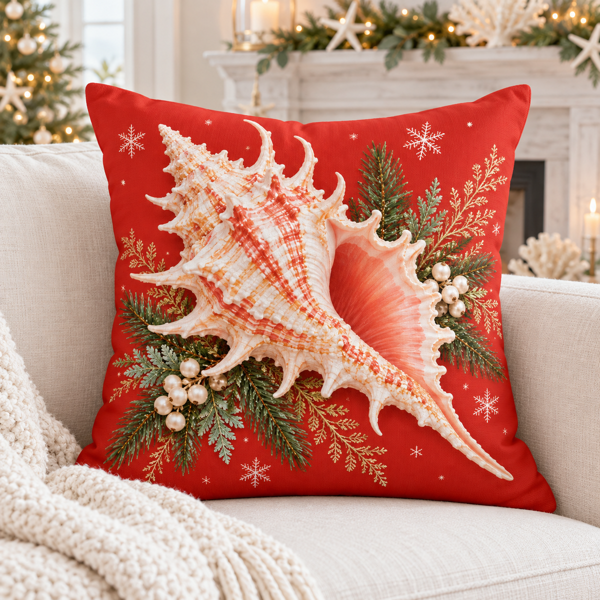 Coral-red Christmas murex shell pillow cover with evergreen and snowflakes styled in a coastal Christmas room