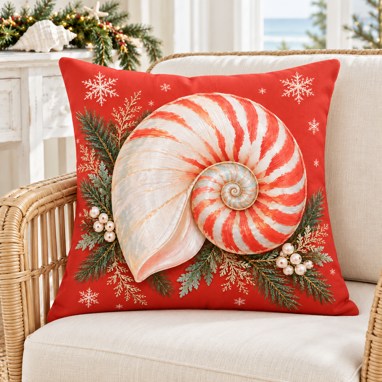 Coral-red Christmas nautilus shell pillow cover with evergreen and snowflakes styled in a coastal Christmas room