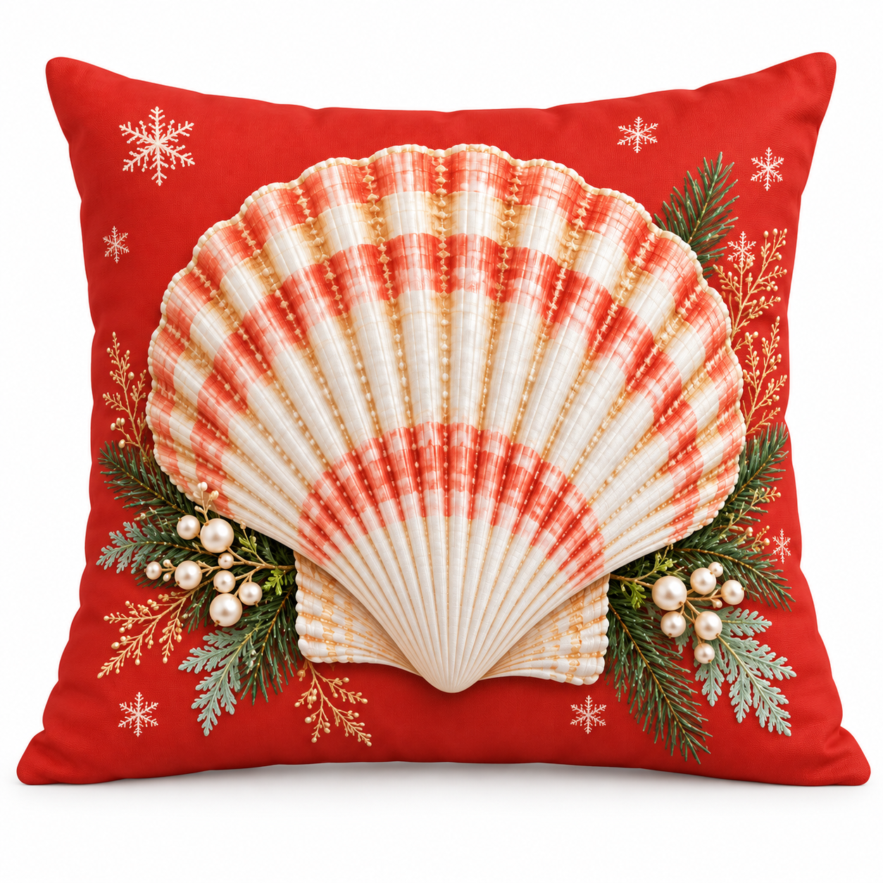 Coral-red Christmas scallop shell pillow cover with evergreen and snowflakes on a white background
