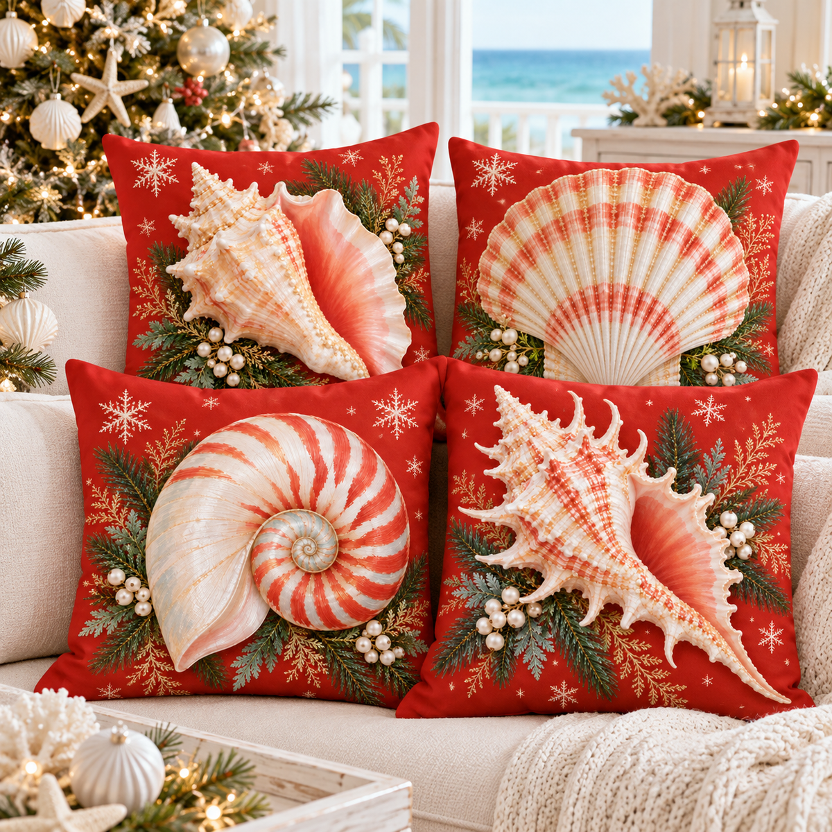 Four coral-red Christmas shell pillow covers with conch, scallop, nautilus and murex designs styled on an ivory sofa