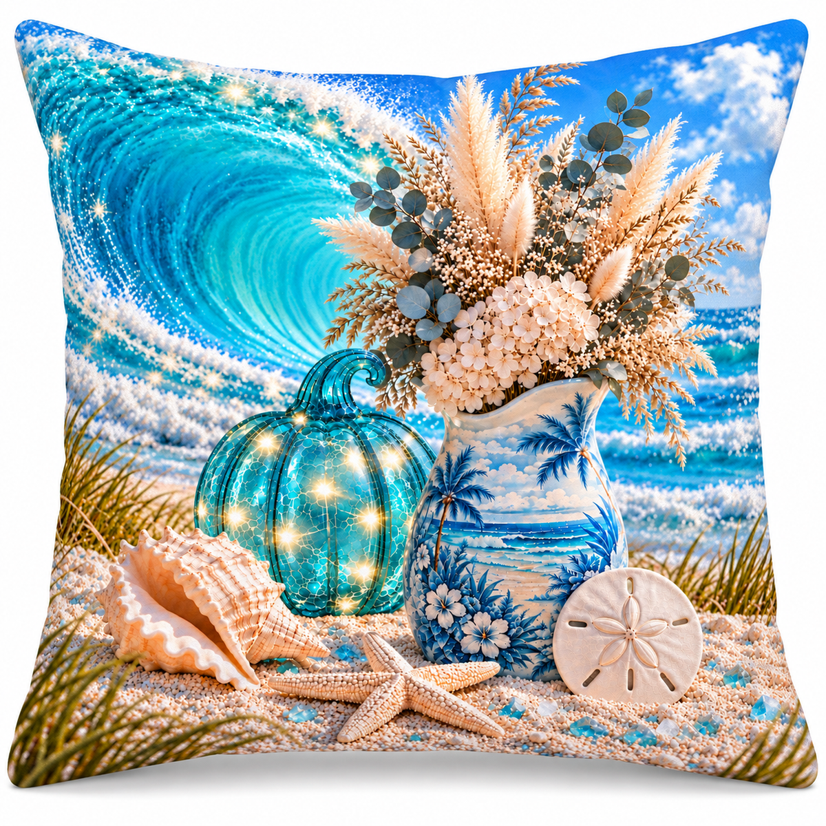 Glowing Aqua Pumpkin printed coastal pillow cover featuring glowing aqua pumpkin, coastal pitcher, dried flowers and seashells, on a white background