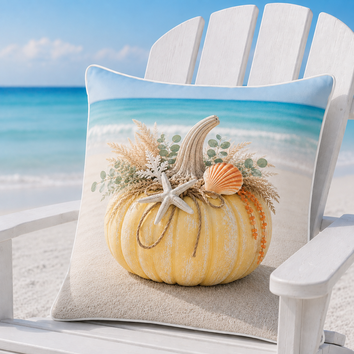 Golden Coastal Harvest pillow cover styled on a white Adirondack chair by the sea
