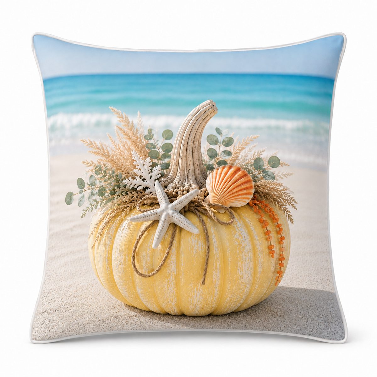 Golden Coastal Harvest pillow cover with yellow coastal pumpkin, starfish and seashells