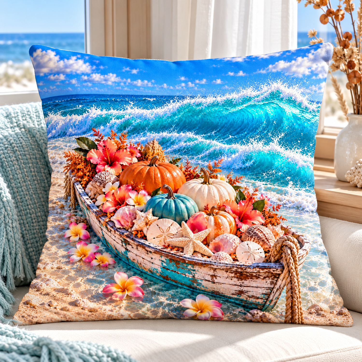 Harvest Beach Boat printed coastal pillow cover featuring beach boat filled with pumpkins, tropical flowers and seashells, styled in a bright coastal home