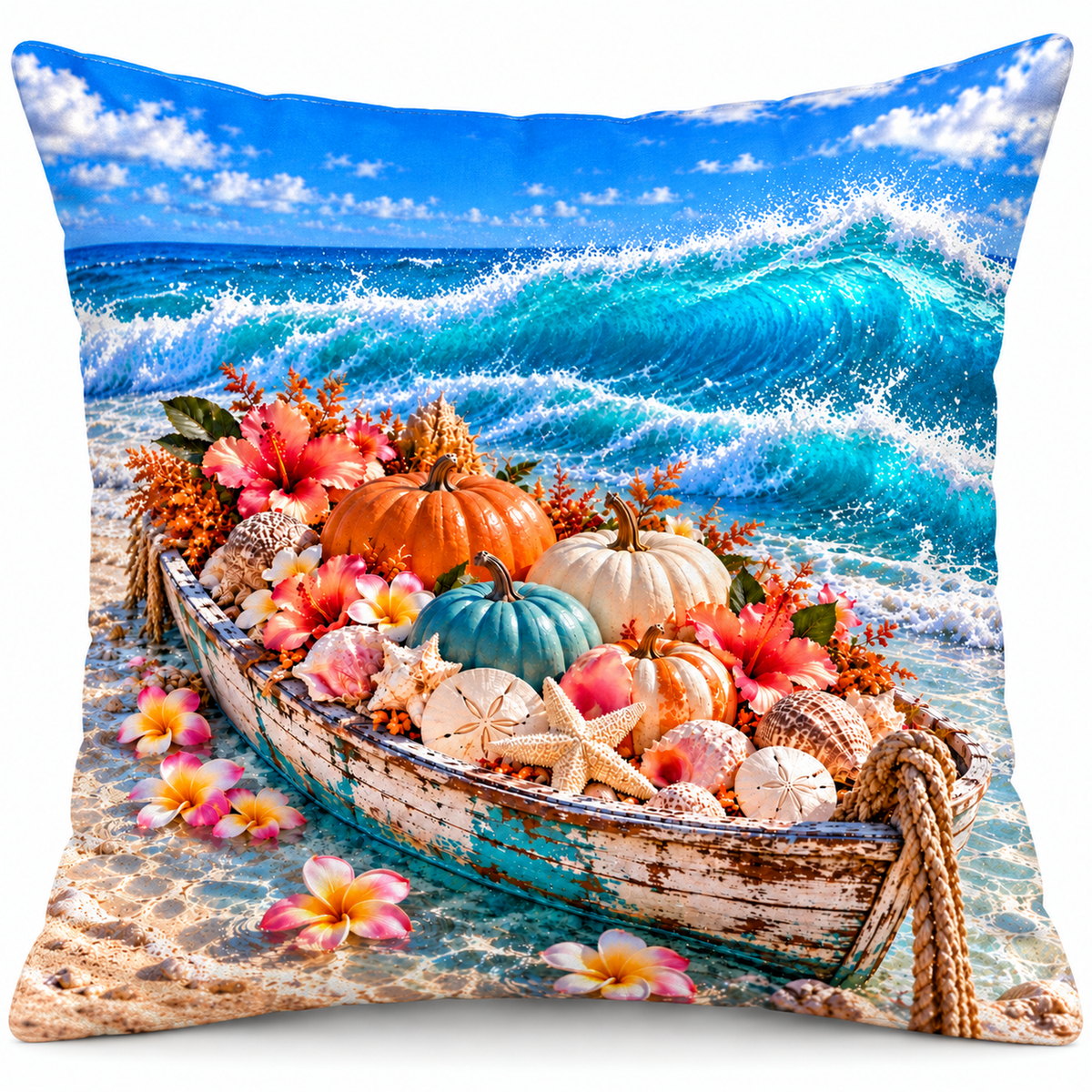 Harvest Beach Boat printed coastal pillow cover featuring beach boat filled with pumpkins, tropical flowers and seashells, on a white background