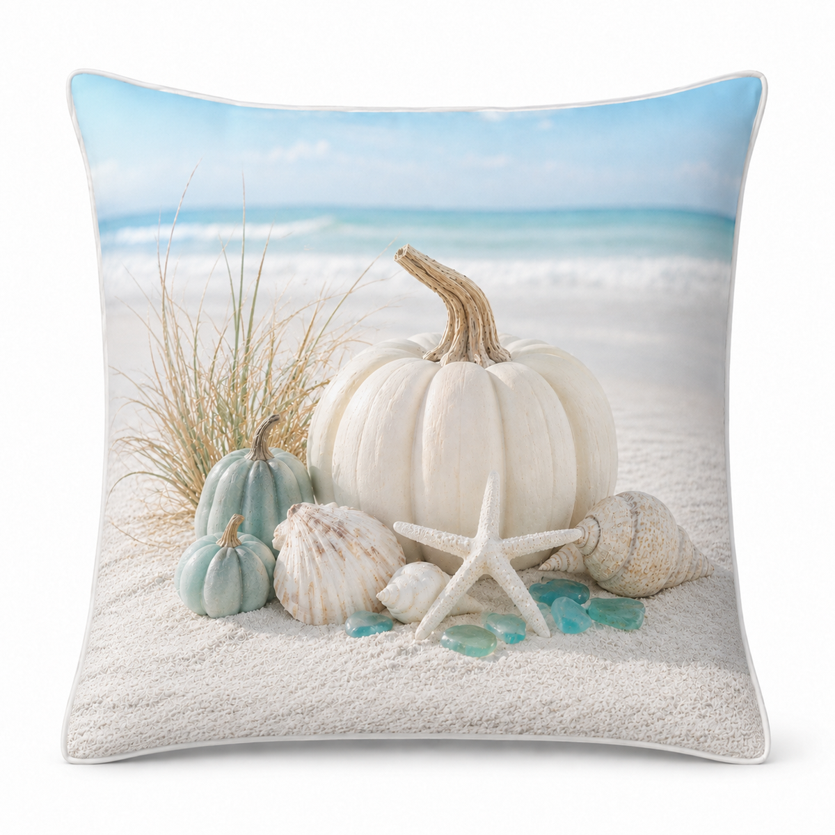 Ivory and aqua coastal pillow cover with pumpkins, starfish and seashells