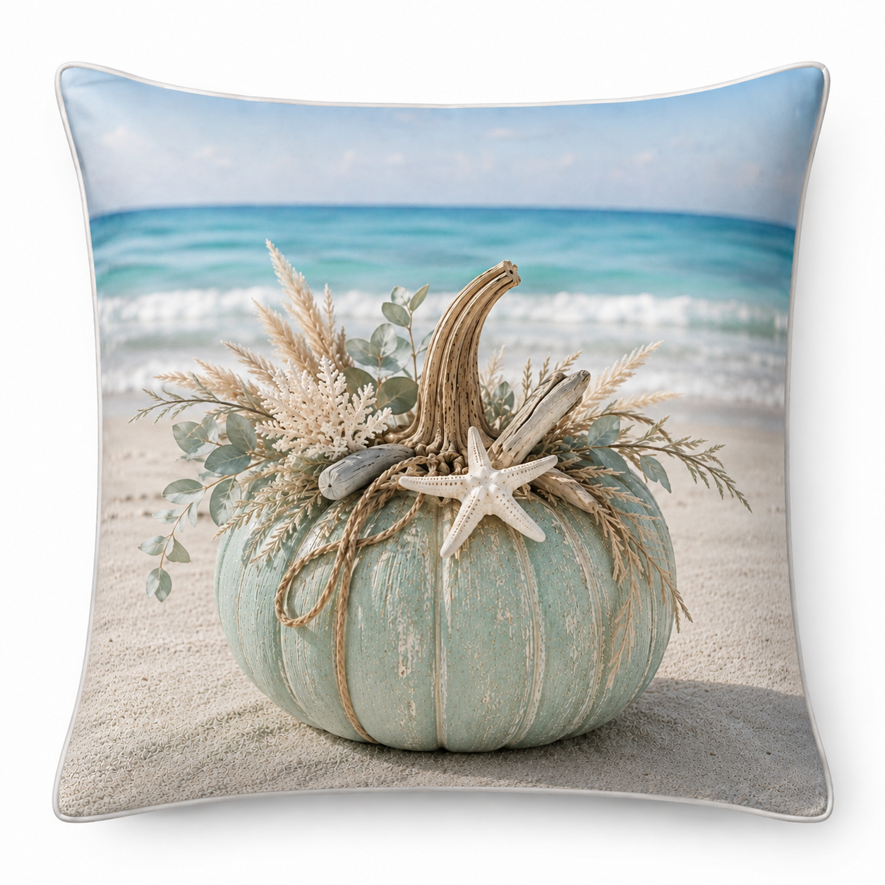 Mint Coastal Harvest pillow cover with seafoam pumpkin, starfish and coastal botanicals