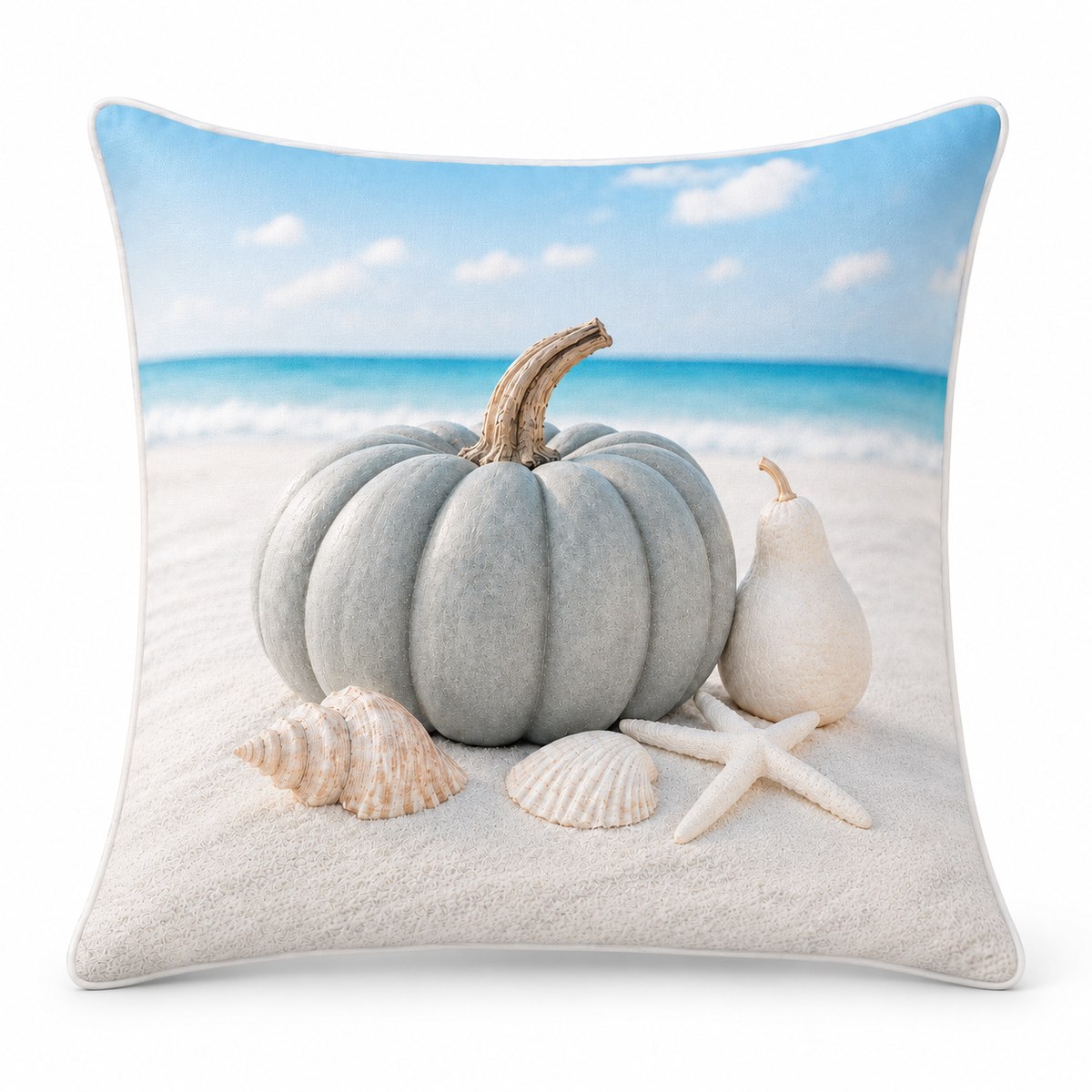 Coastal Grey and Ivory pillow cover with grey pumpkin shells and starfish
