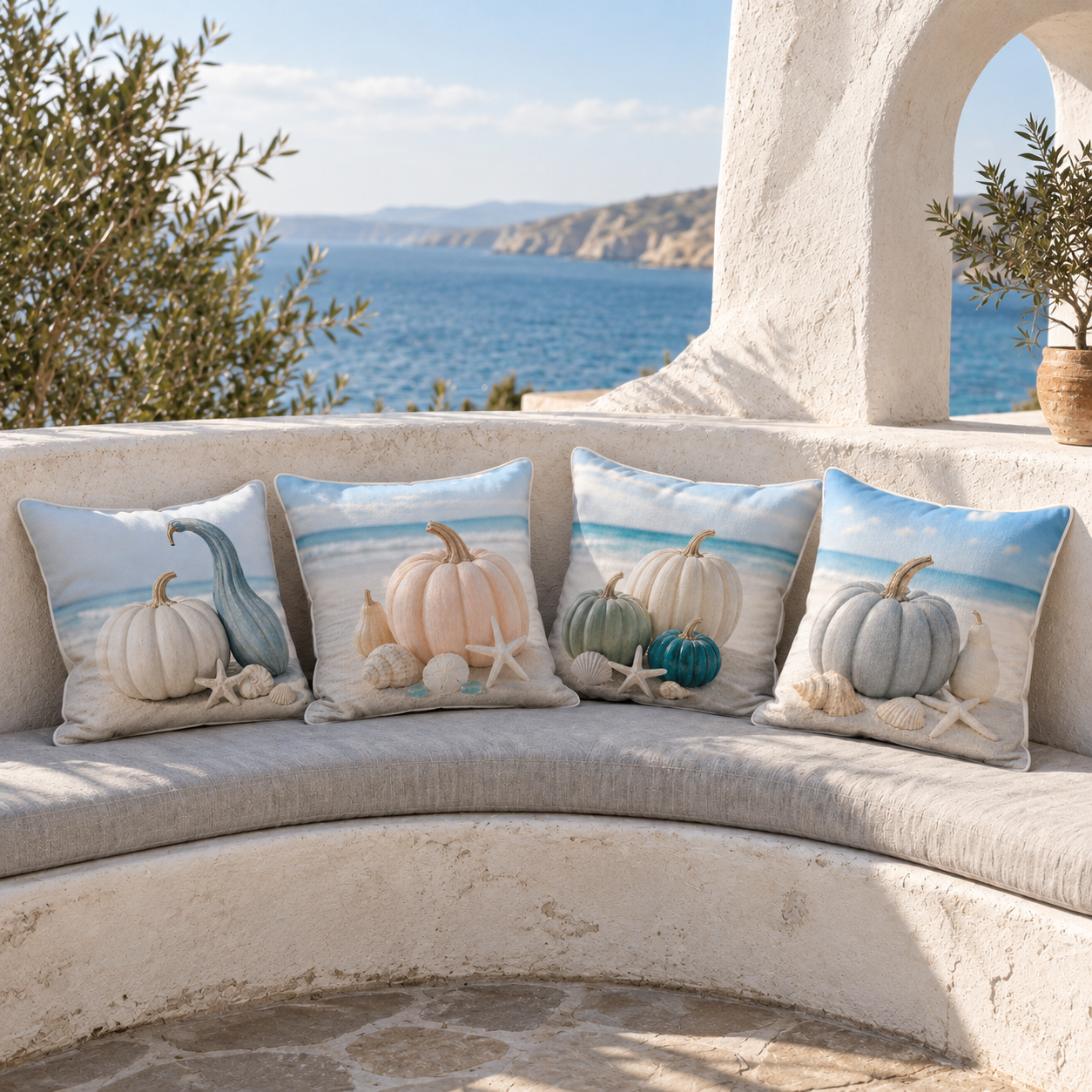 Four neutral coastal fall pillow covers displayed together in a bright seaside setting
