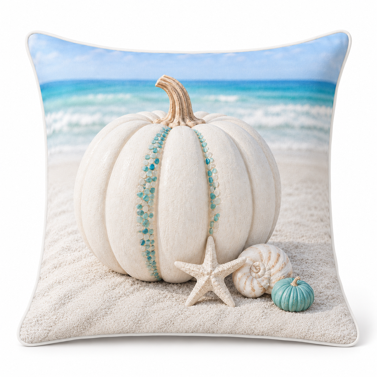 Pearl and Turquoise Coast pillow cover with sea glass pumpkin shells and starfish