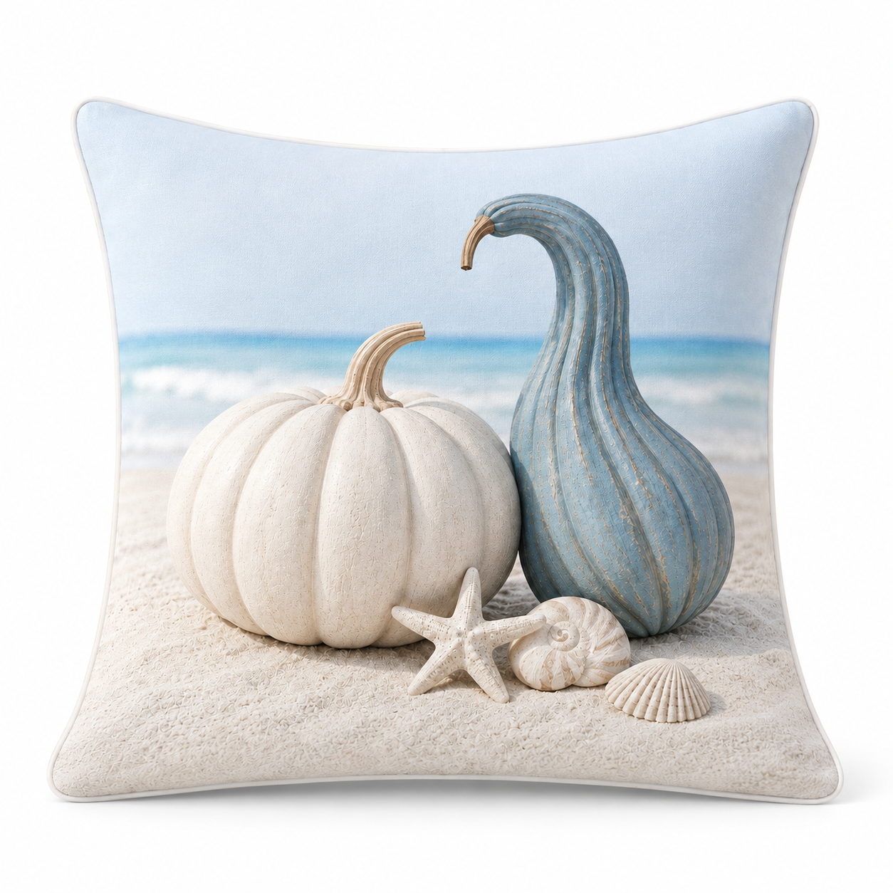 Pearl White Coast pillow cover with ivory pumpkin and blue coastal gourd