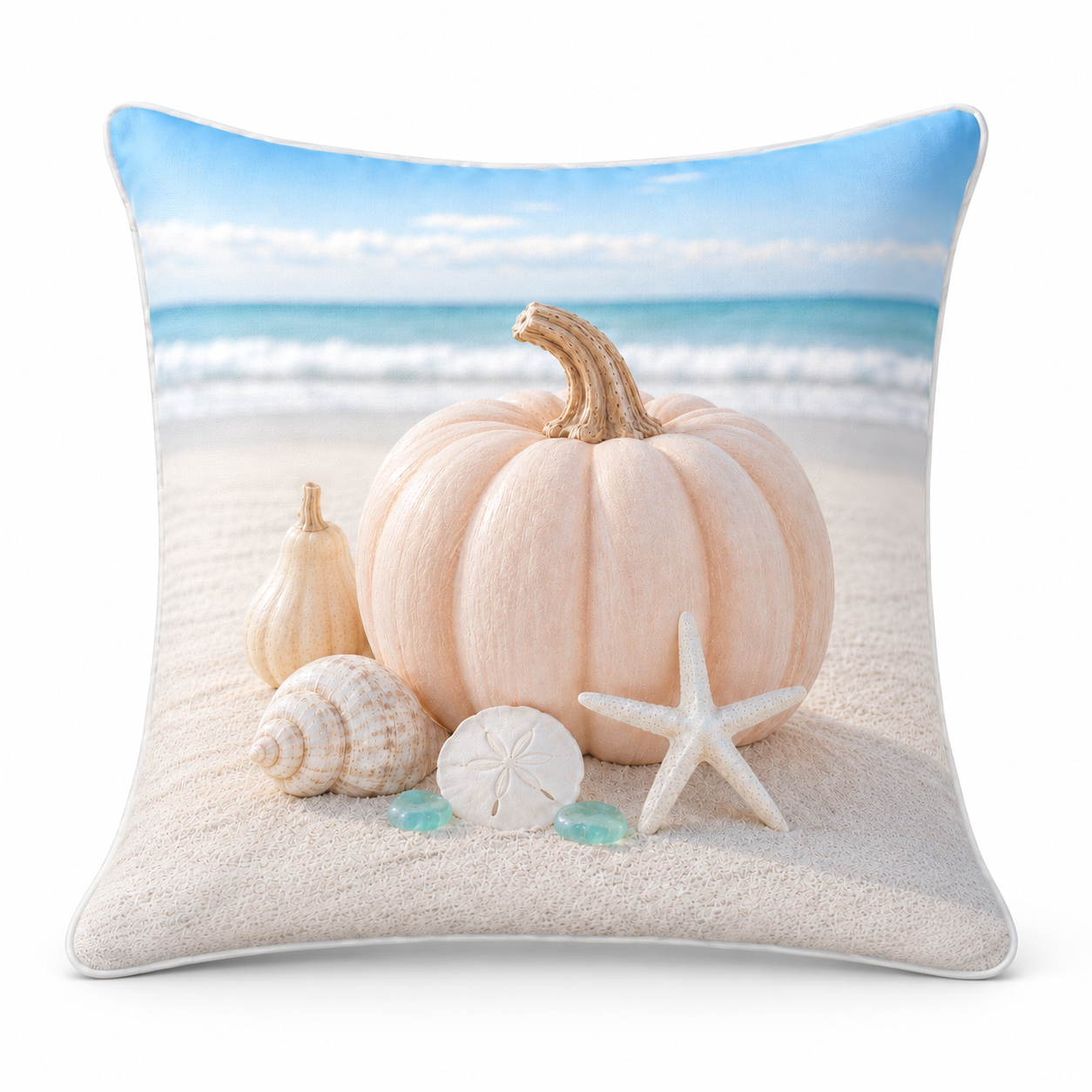Shell Blush pillow cover with blush pumpkin shells starfish and sea glass