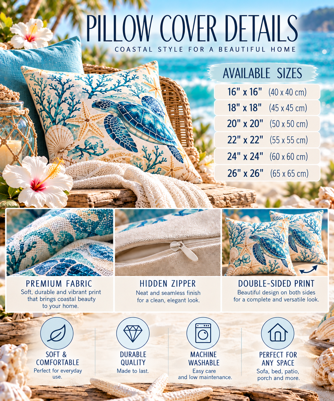 Coastal Passion pillow cover details with available sizes, hidden zipper and double-sided print