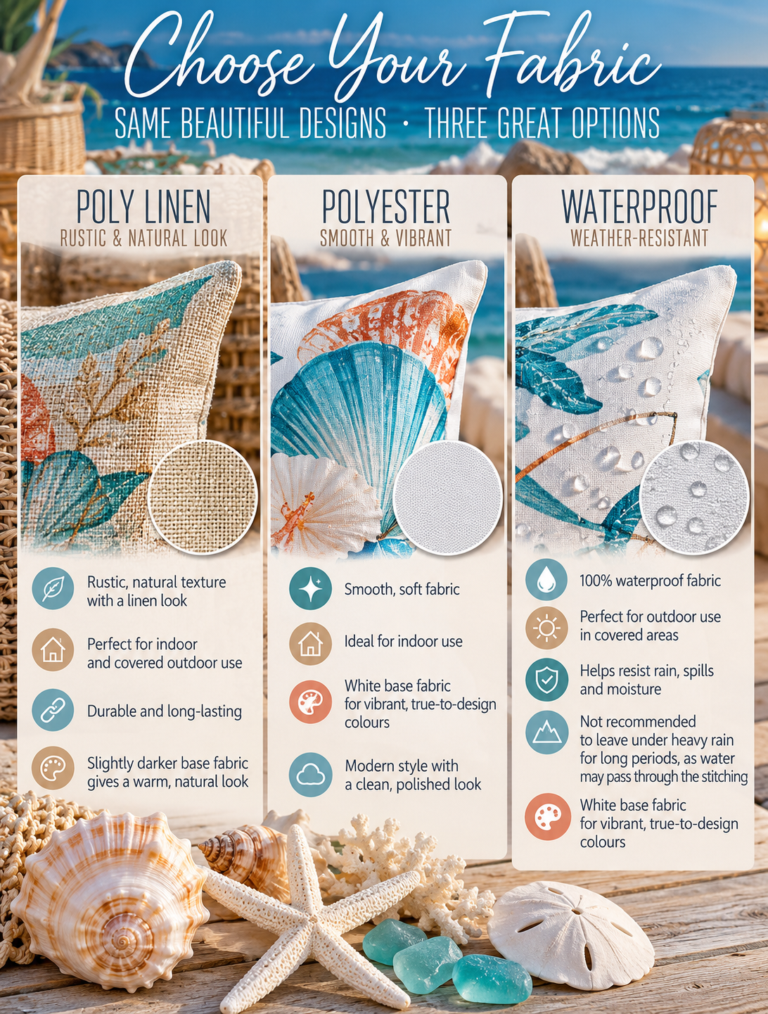 Pillow cover fabric guide comparing poly linen, polyester and waterproof fabric