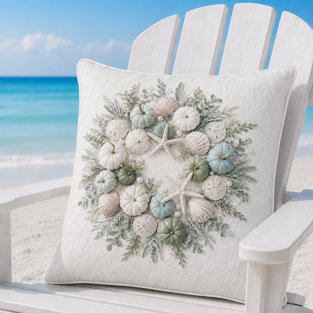 Sage and Blue Medallion pillow cover styled on a white chair beside turquoise water