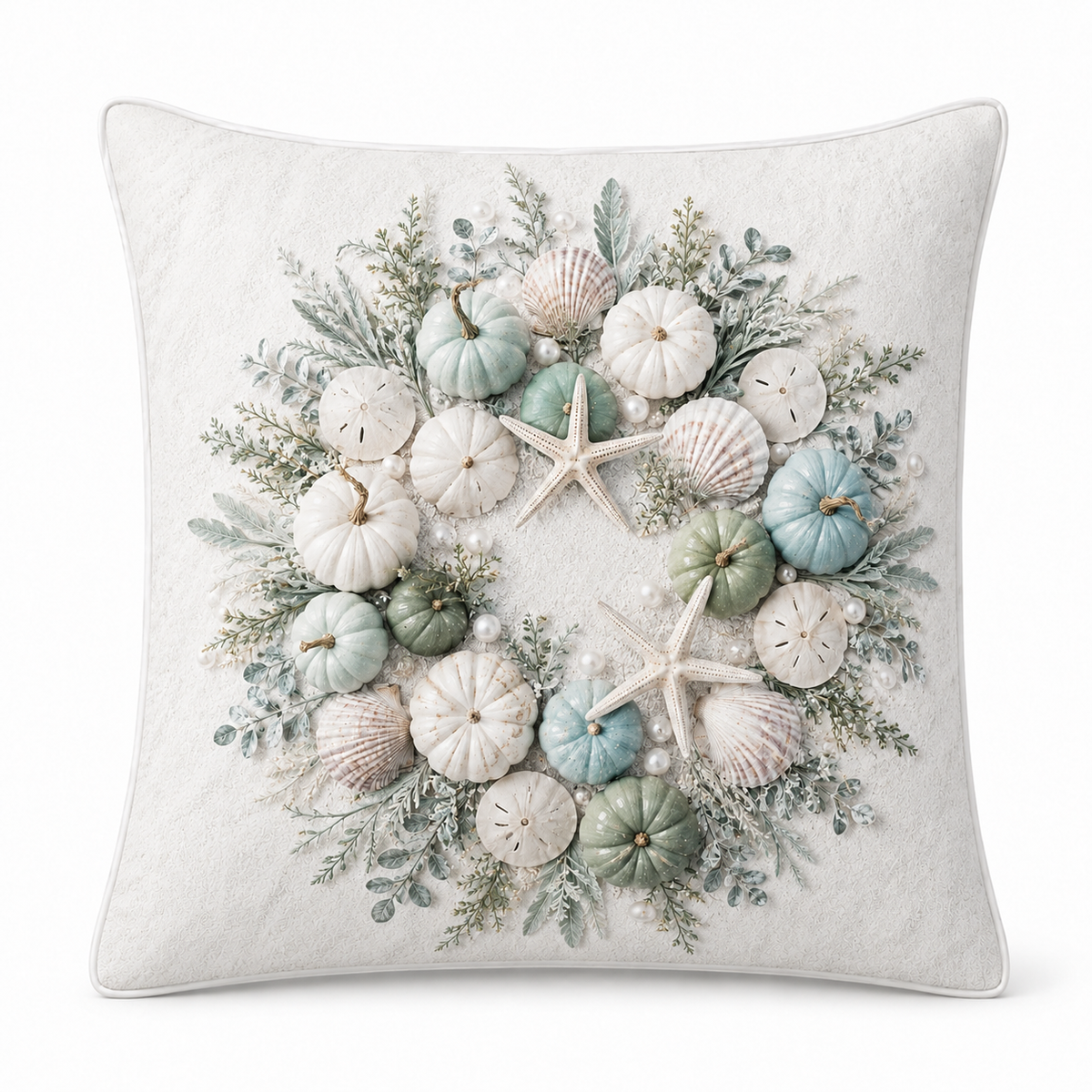 Sage and Blue Medallion coastal fall pillow cover with pumpkins, shells and starfish