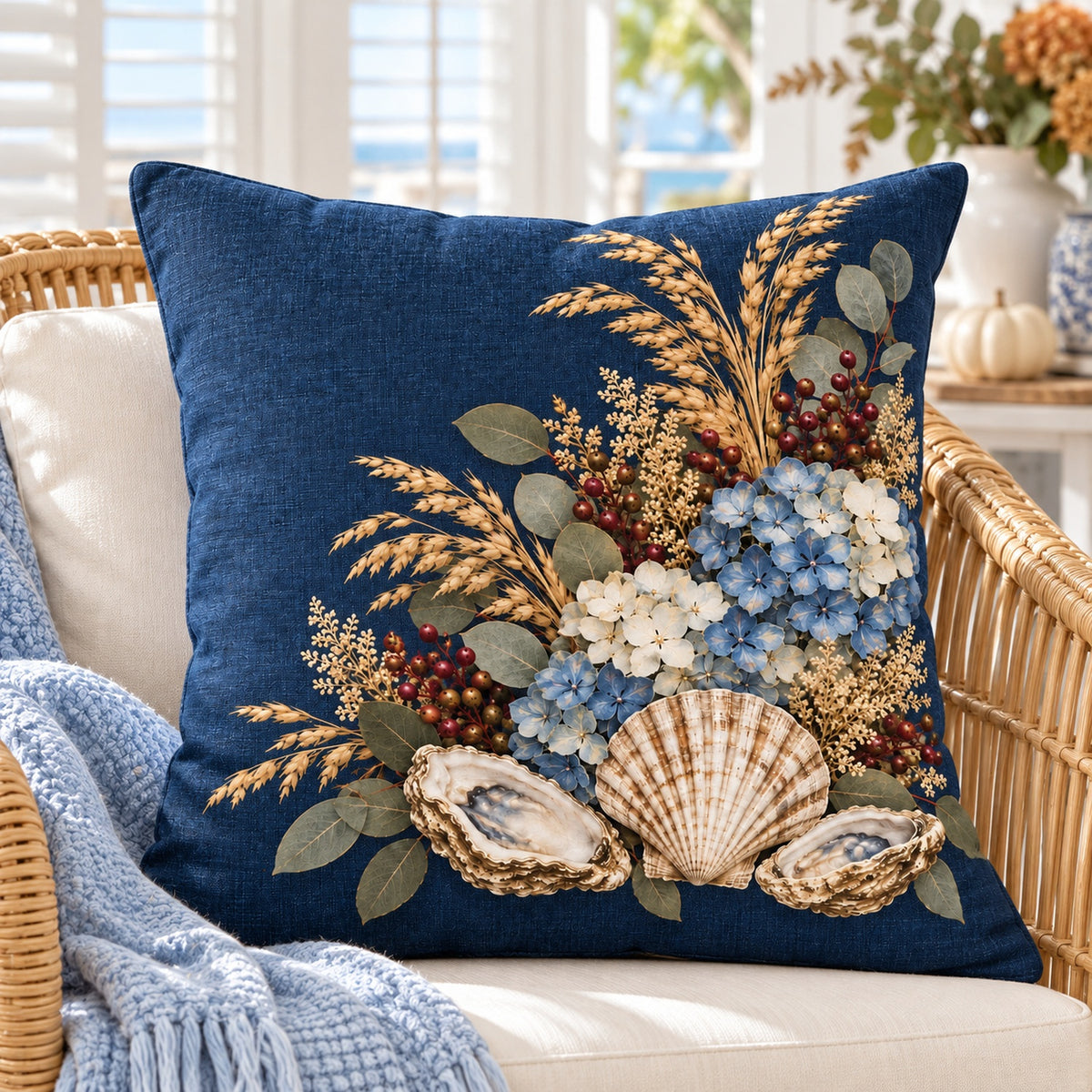 Navy scallops and oysters fall pillow cover on a rattan chair in a bright beach house