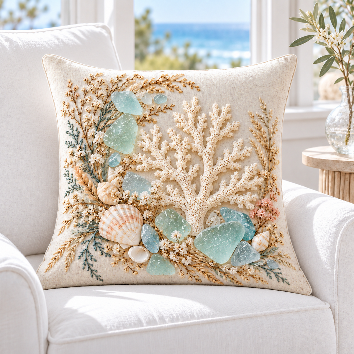 Sea Glass Coral Tide pillow cover styled in a luminous coastal sunroom