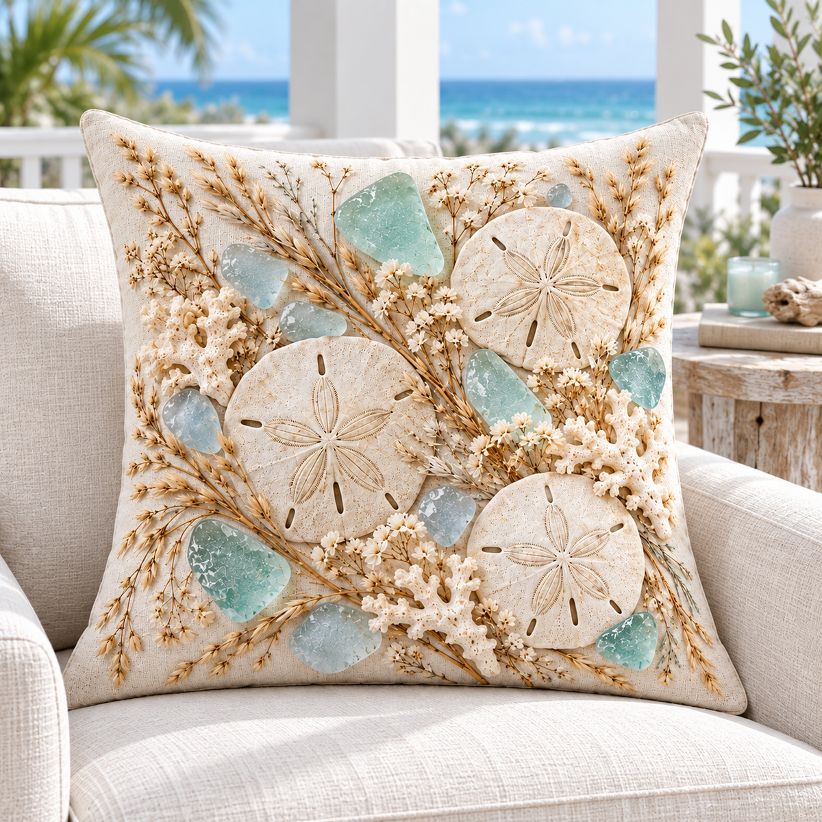 Sea Glass Sand Dollar Drift pillow cover styled on an airy coastal veranda