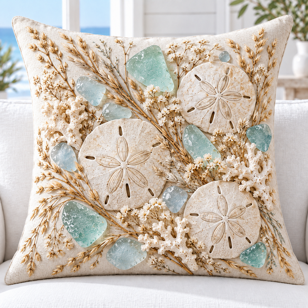 Sea Glass Sand Dollar Drift coastal pillow cover with sand dollars and aqua sea glass