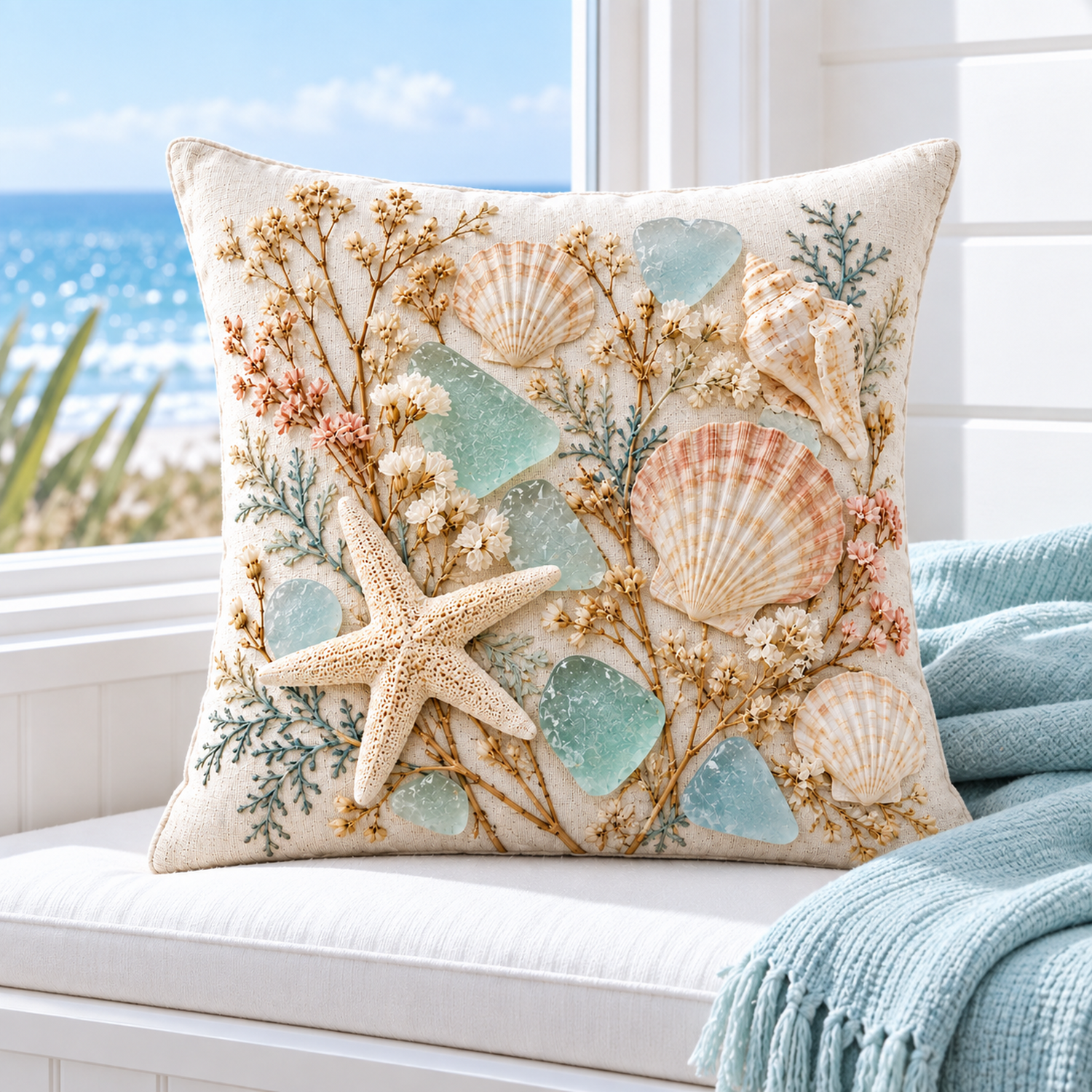 Sea Glass Shell Garden pillow cover styled on a bright coastal window seat