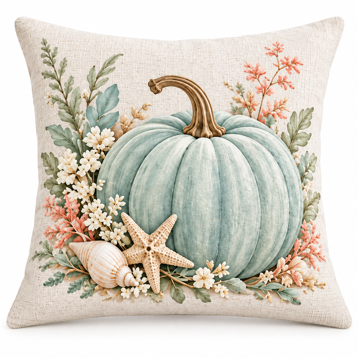 Seafoam coastal pumpkin pillow cover with starfish and shells on a clean white background