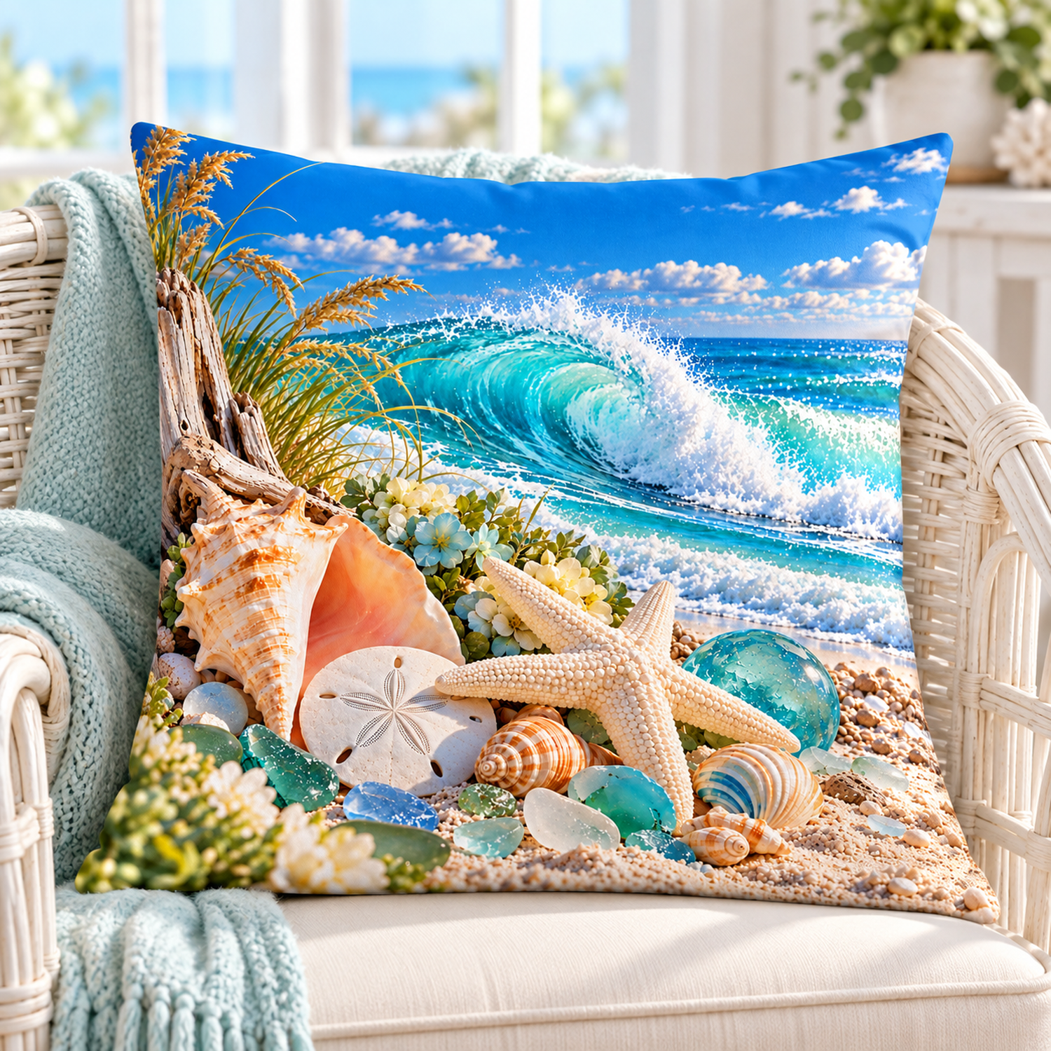 Seashell & Sea Glass Wave printed coastal pillow cover featuring conch shell, white starfish, sand dollar and sea glass beside a turquoise wave, styled in a bright coastal home